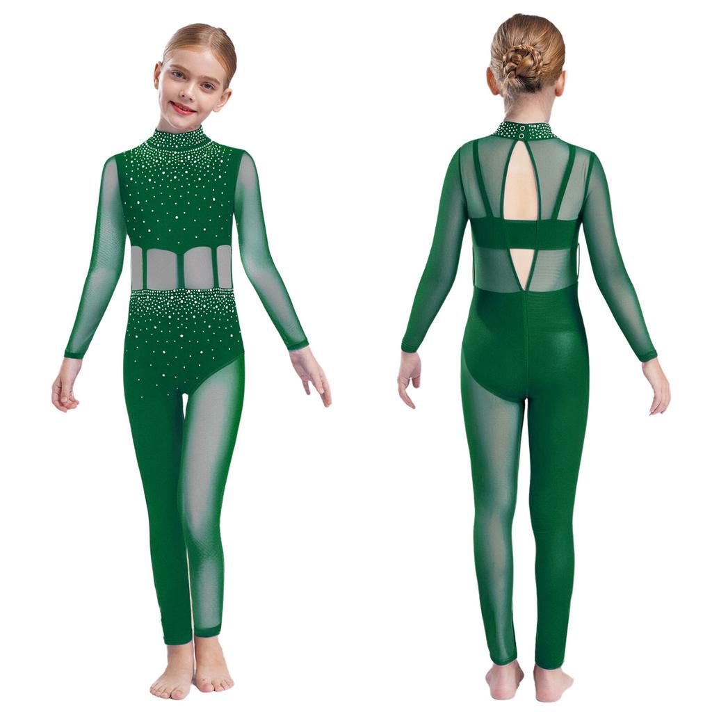Jenter Danseopptreden Jumpsuit Helkropps Leotard Langermet Mock Neck Mesh Patchwork Nøkkelhullrygg Bodysuit