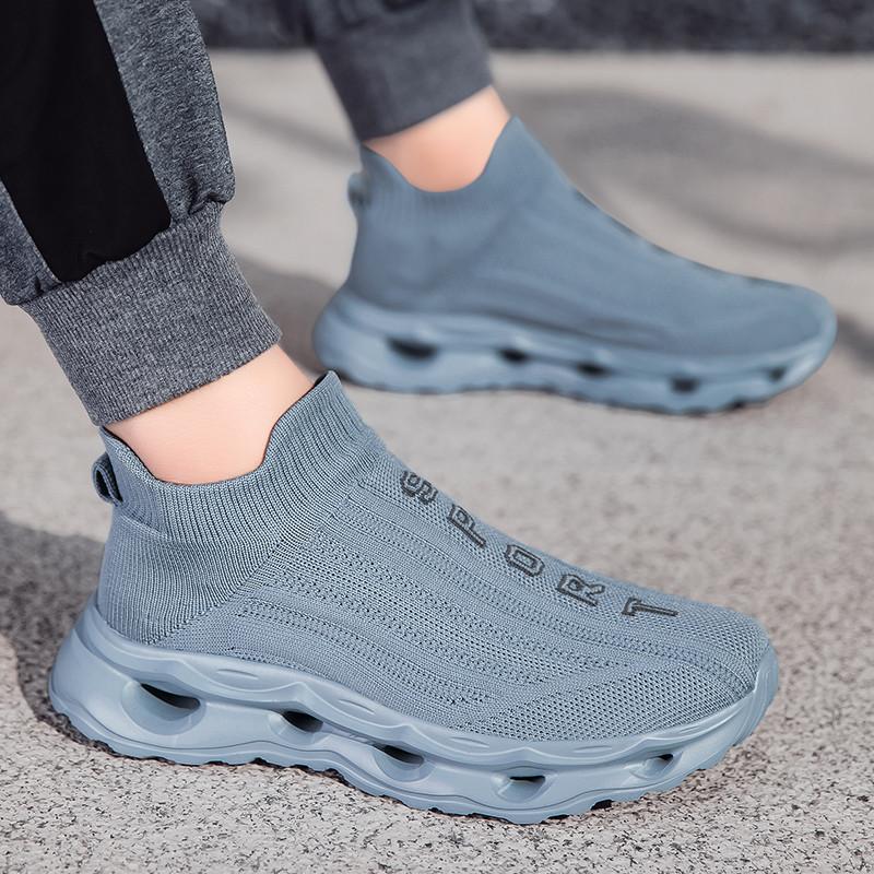 Fashion Blue Men's Running Shoes High Top Knit Breathable Women's Sports Shoes Outdoor Lightweight Slip-on Casual Sneakers Men