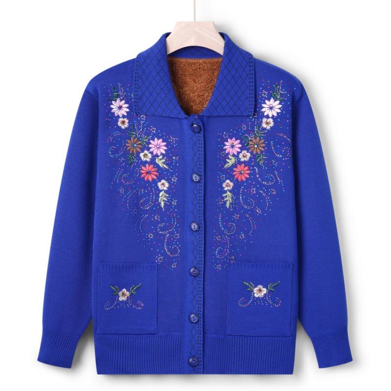 Grandma lapel fleece knitted sweater cardigan women's middle aged mother thickened sweater autumn and winter coat
