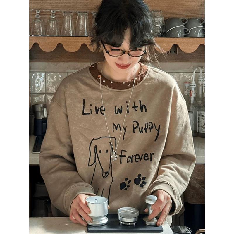 Retro Puppy Patchwork Floral Collar Sweatshirt for Women Autumn New Design Loose Top