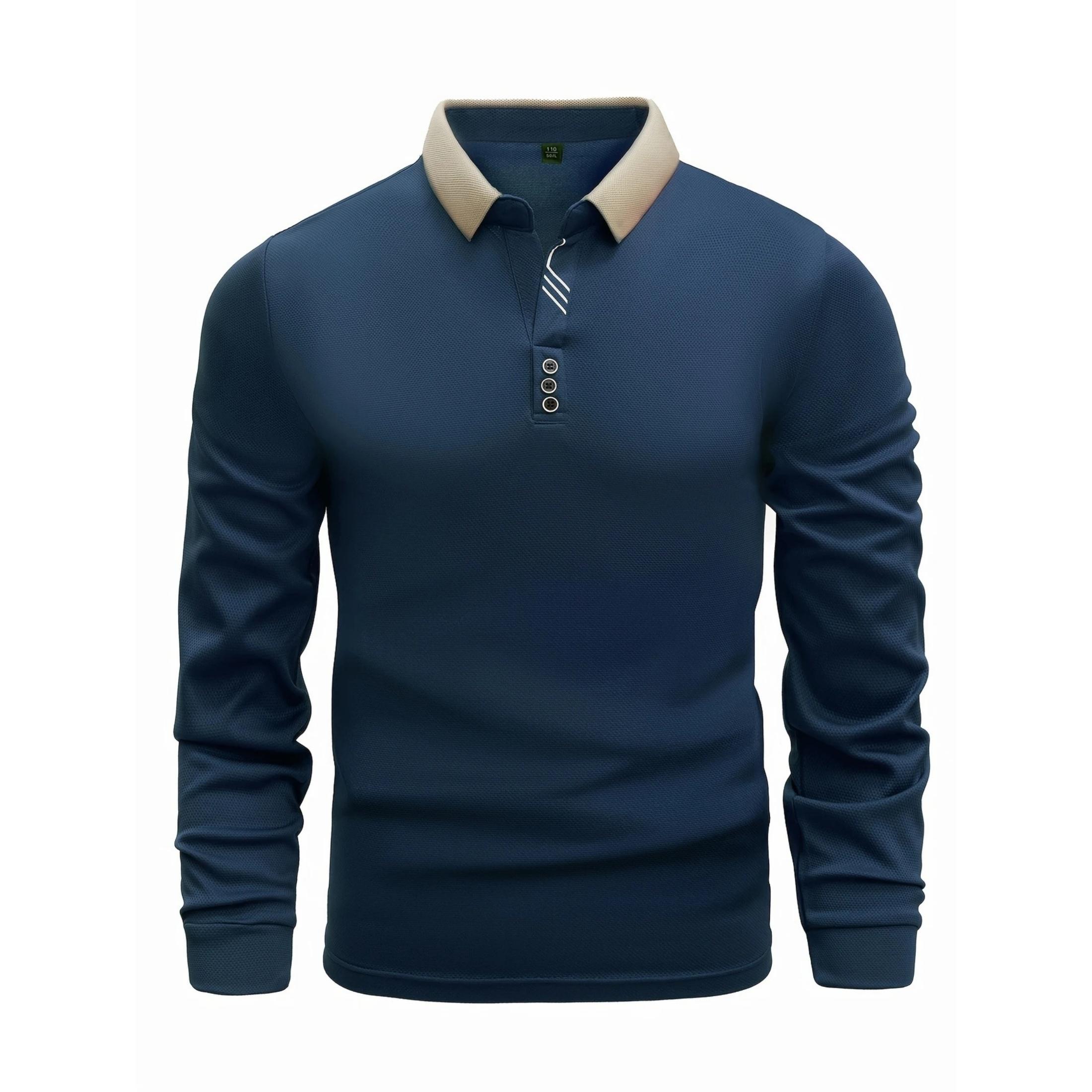 

Весняне чоловіче поло з довгим рукавом: Відкладний комір, однотонний, дихаючий, затишний, на ґудзиках XXL синій