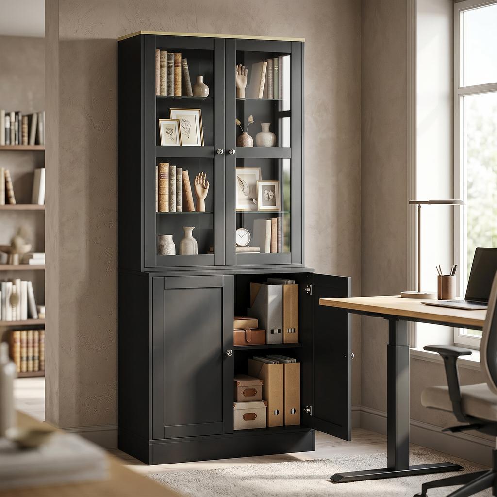 Display Cabinet, 6-Tier, 4 Doors (2 Tempered Glass), Adjustable Shelves, Black