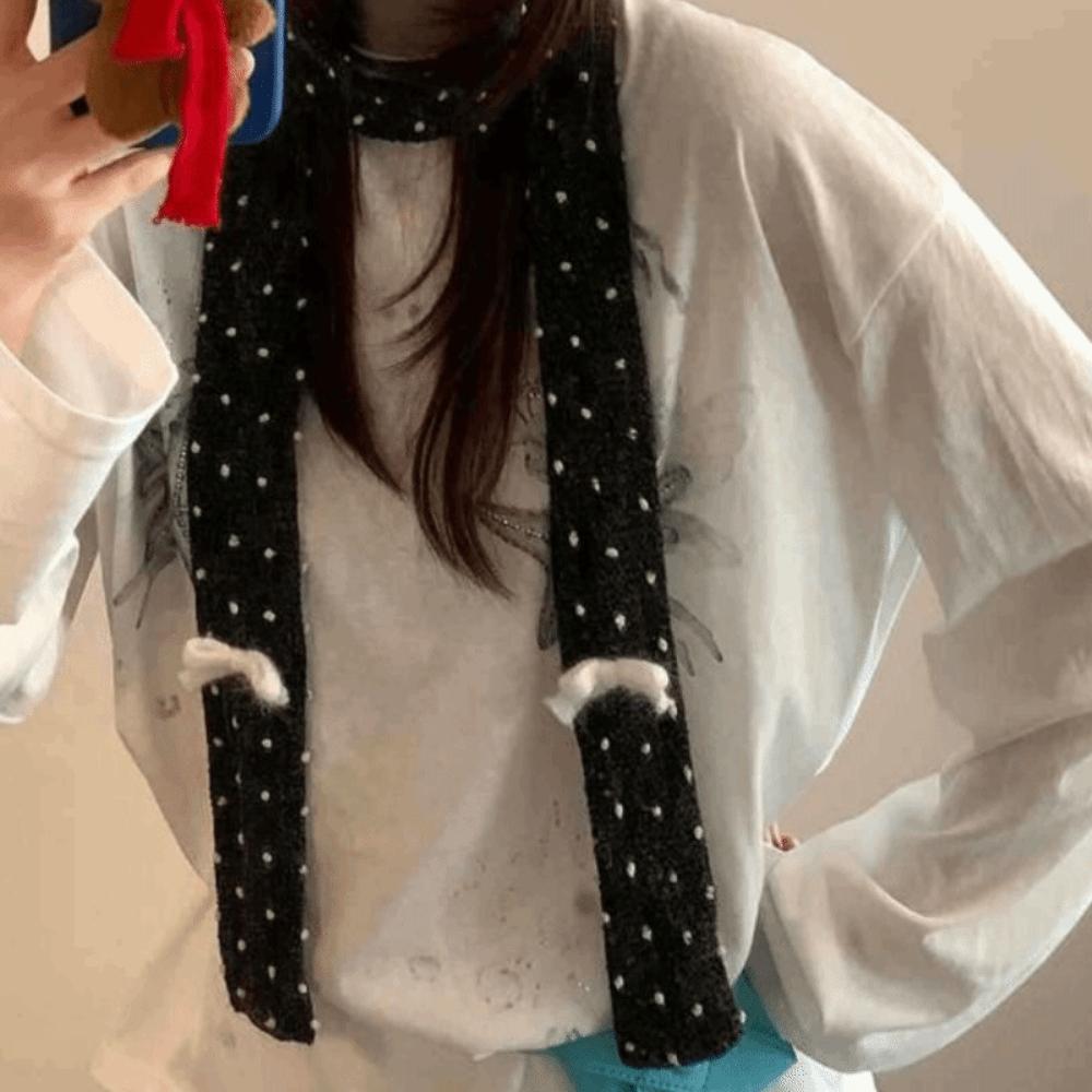 Fashionable Warm Polka Dot Scarf Korean Bowknot Soft Narrow Long Scarf Knitted Scarves Bib Women Neck Accessories