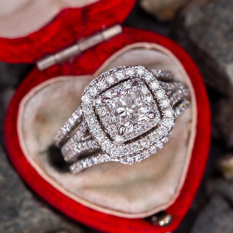 Three Sets Of Rings With Micro-Inlaid Diamonds, Eight Hearts And Eight Arrows Simulated Square Ring, Wedding Proposal Ring.