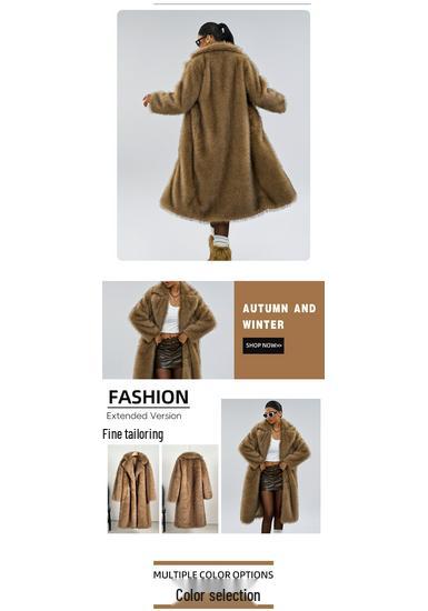 Women's Long Faux Fur Lapel Coat - European & American Autumn/Winter Style