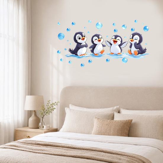 Pinguin Wandaufkleber, Niedliche 4 Glückliche Pinguine Bade-Deko, Selbstklebende Abnehmbare Wandsticker für Badezimmer, Kinderzimmer & Duschwandkunst