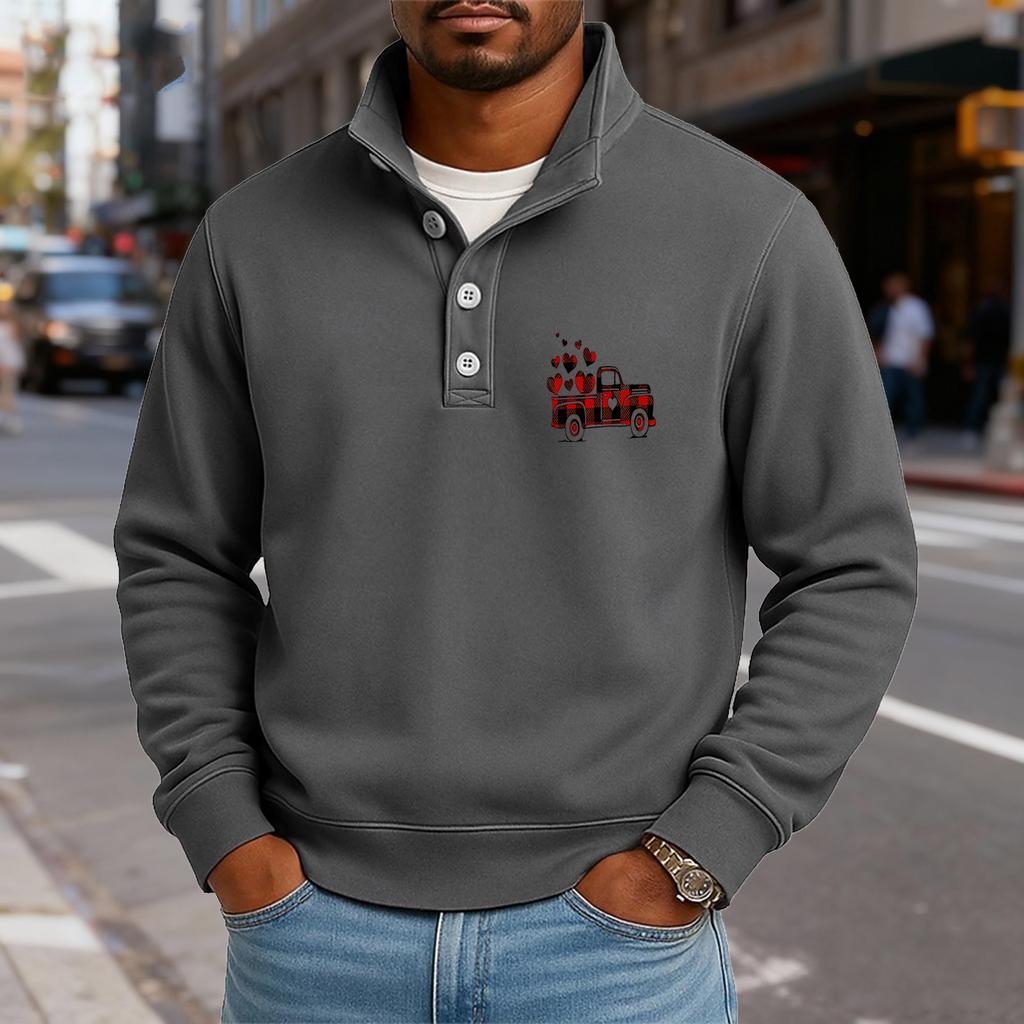 Men's Casual Stand-Up Collar Long-Sleeve Top Print Button-Down Sweatshirt