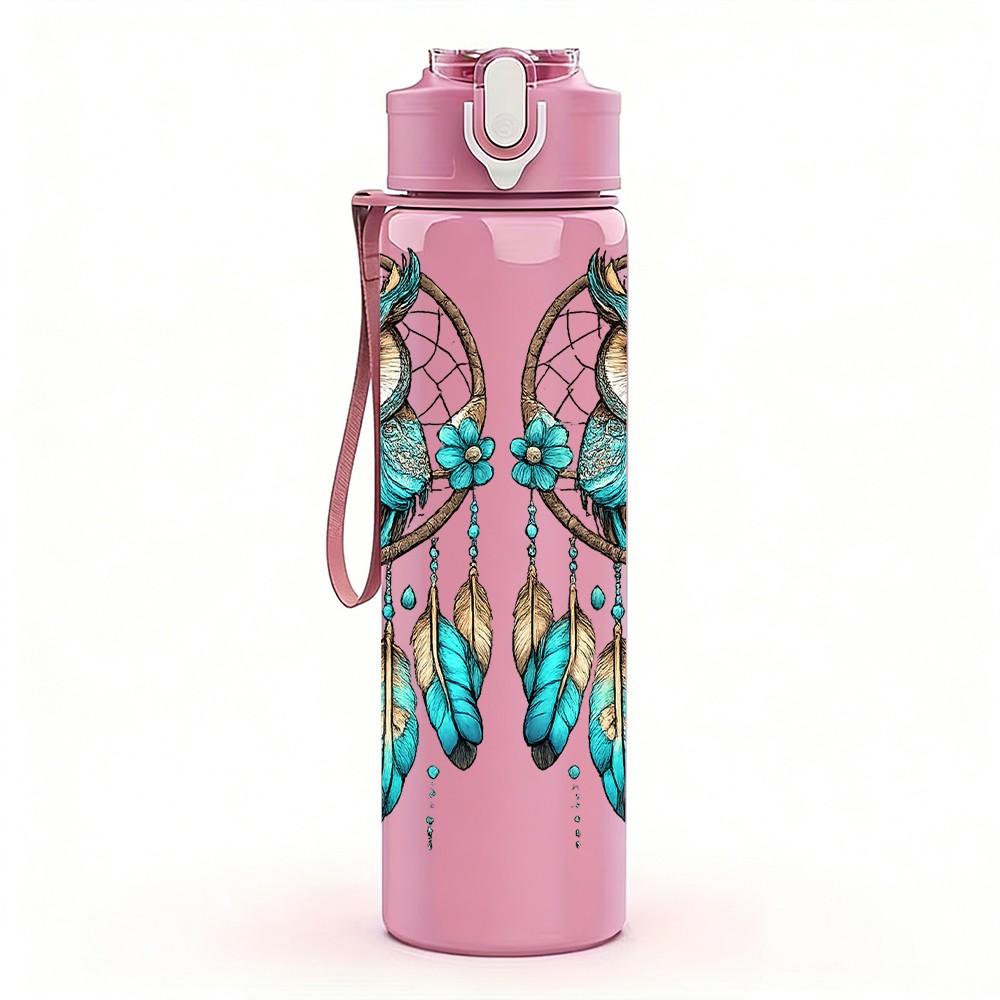 1PC Owl Bohemian Dreamcatcher Print 750ml Color Plastic Sports Water Bottle Leakproof Flip Straw Lid Suitable for Sports Office Home Use