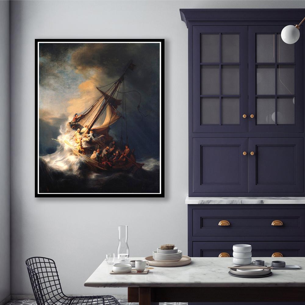 Póster clásico de Rembrandt impreso Cristo en la tormenta en el mar, pintura en lienzo de Galilea, galería de arte de pared famosa, decoración del hogar