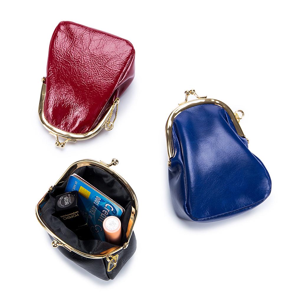 Vintage Leather Kiss Lock Coin and Card Pouch: Mini Earphone Holder Clip Bag
