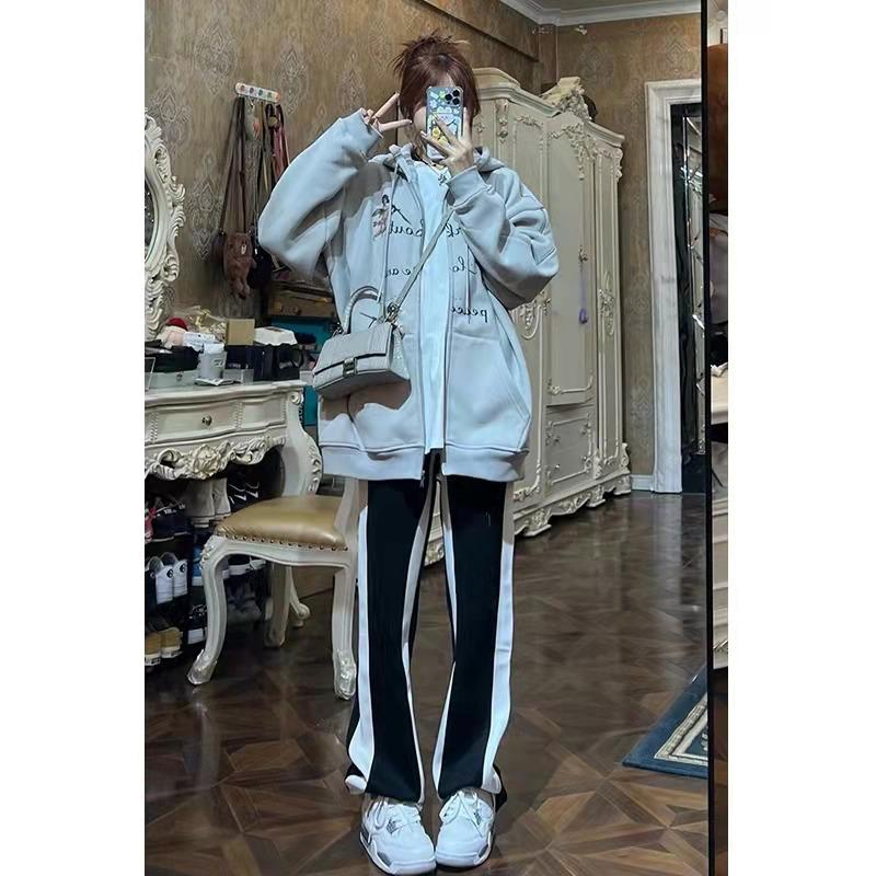 Black & White Side Stripe Wide-Leg Pants - Loose, Casual, Drape Floor-Length, Straight-Leg Sweatpants for Summer