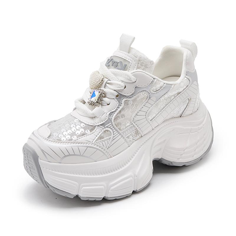 

8.5CM Air Mesh Hollow Synthetic Leather Chunky Sneakers Bling Sports Leisure Shoes High Platform Wedges Breathable Summer Shoes 39 бежевий