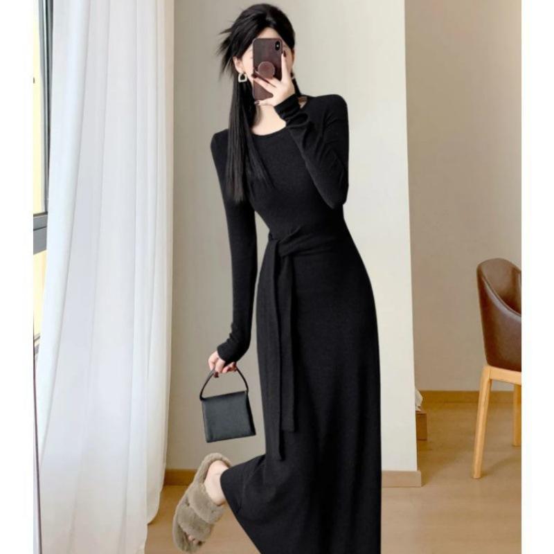 2026 Korean Fashion Slimming Long Sleeve Knitwear Dress - Spring Style Waist-Cinching Long Skirt for Women