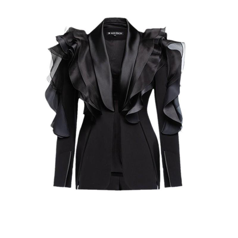 Niche Elegant Black 3D Ruffle Asymmetrical Slim Blazer