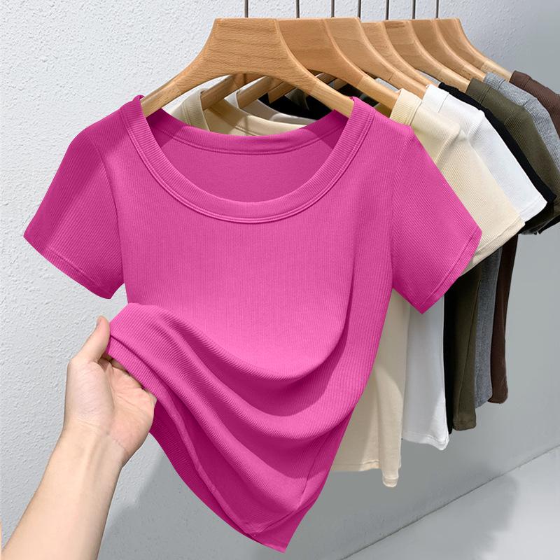 Women's High-Quality Ribbed Round Neck Short Sleeve Slimming T-Shirt – Versatile, Stretchy, Solid Color Summer Top