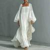 Abito Maxi da Donna Scollo Quadrato Maniche Lunghe a Palloncino Vestibilità Larga Vita Media Monocolore Chiffon Abito Lungo Svolazzante per le Vacanze 2026 Outfit Primaverile per la Spiaggia