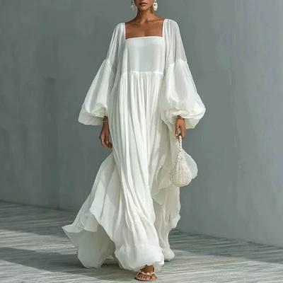 Women's Square Neck Long Puff Sleeve Maxi Dress Loose Fit Mid Waist Solid Color Chiffon Vacation Flowy Long Dress 2026 Spring Beach Outfit