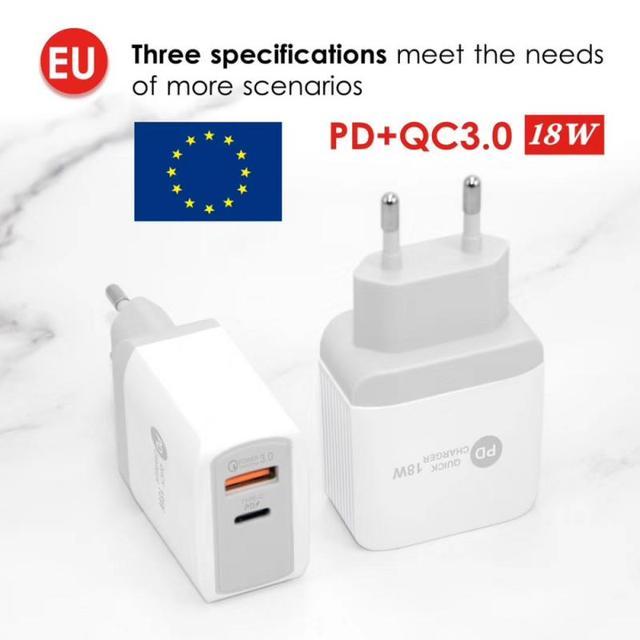 

18W Type-C Charger Compatible with QC3.0 Fast USB Mobile Phone Charger for Apple Android Accessories Portable PD EU білий