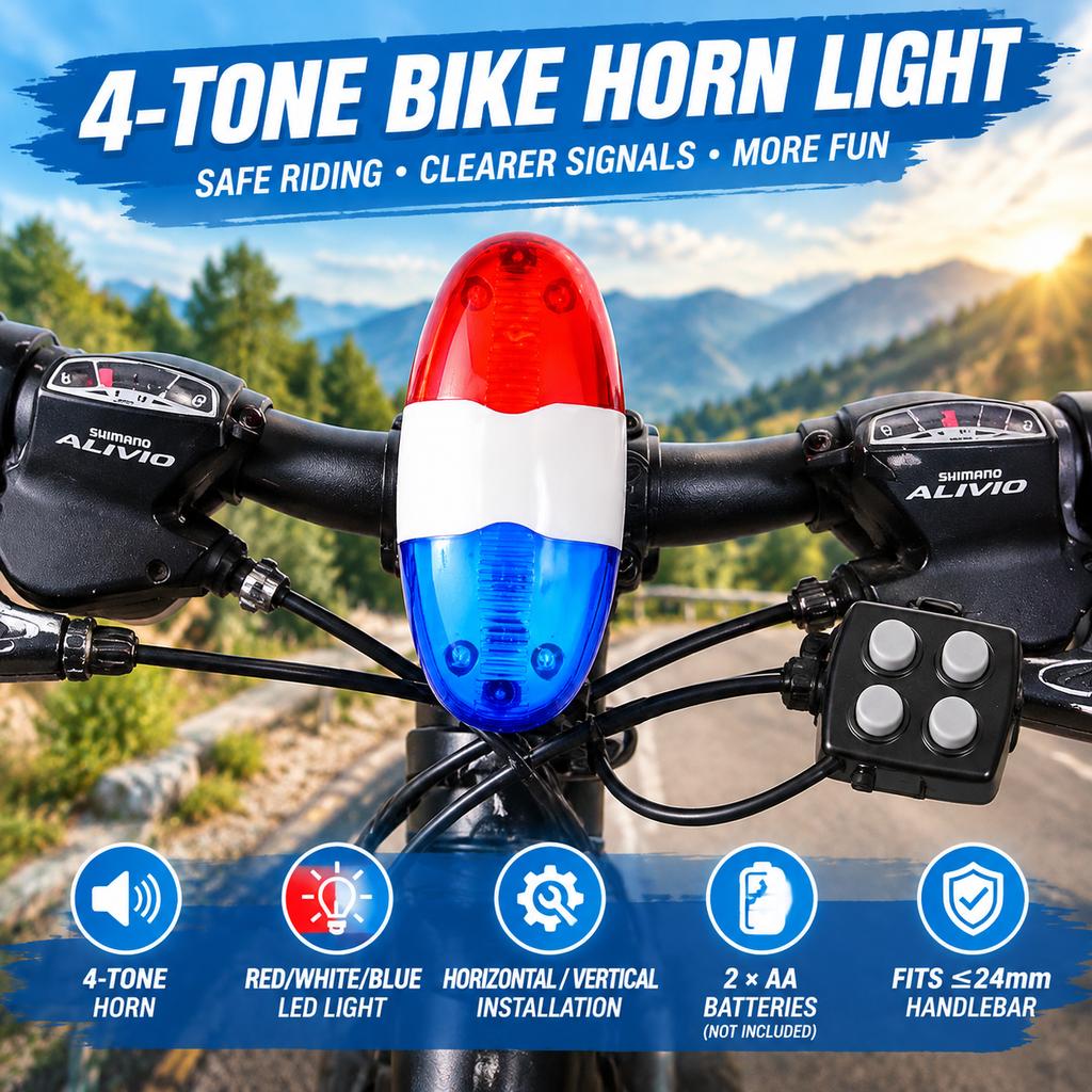 Bike Horn Light with 4-Tone Electronic Horn and LED Warning Light, Handlebar Mount, Fits <=24mm Bars, Batteries Not Included