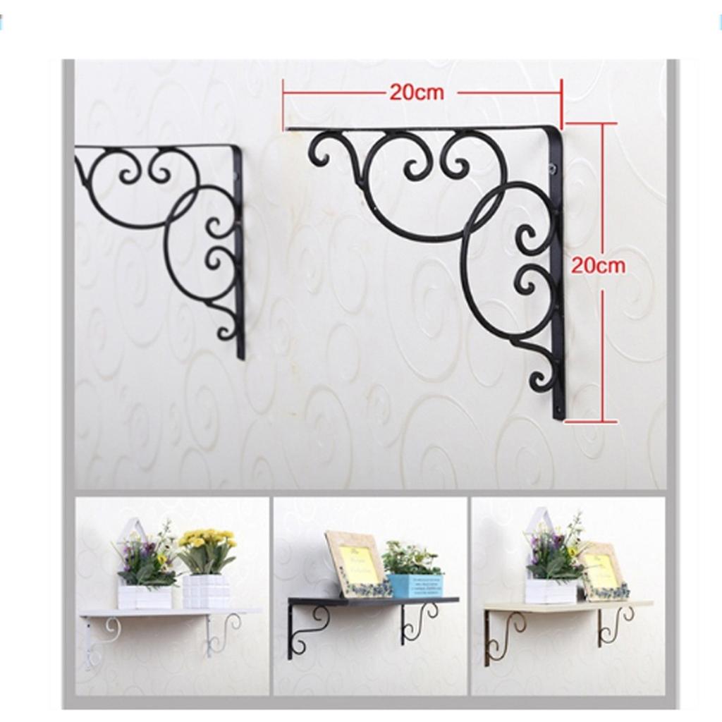 2Pcs Iron Shelf Brackets Floral Pattern Wall Mounted Triangular Support Brackets Vintage Decorative Heavy Duty for Home Black