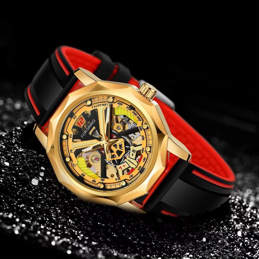 FORSINING Mens Watches Hand-winding Mechanical Skeleton Watch for Men Hollow Out Rubber Strap Waterproof Luminous Mens Wristwatch