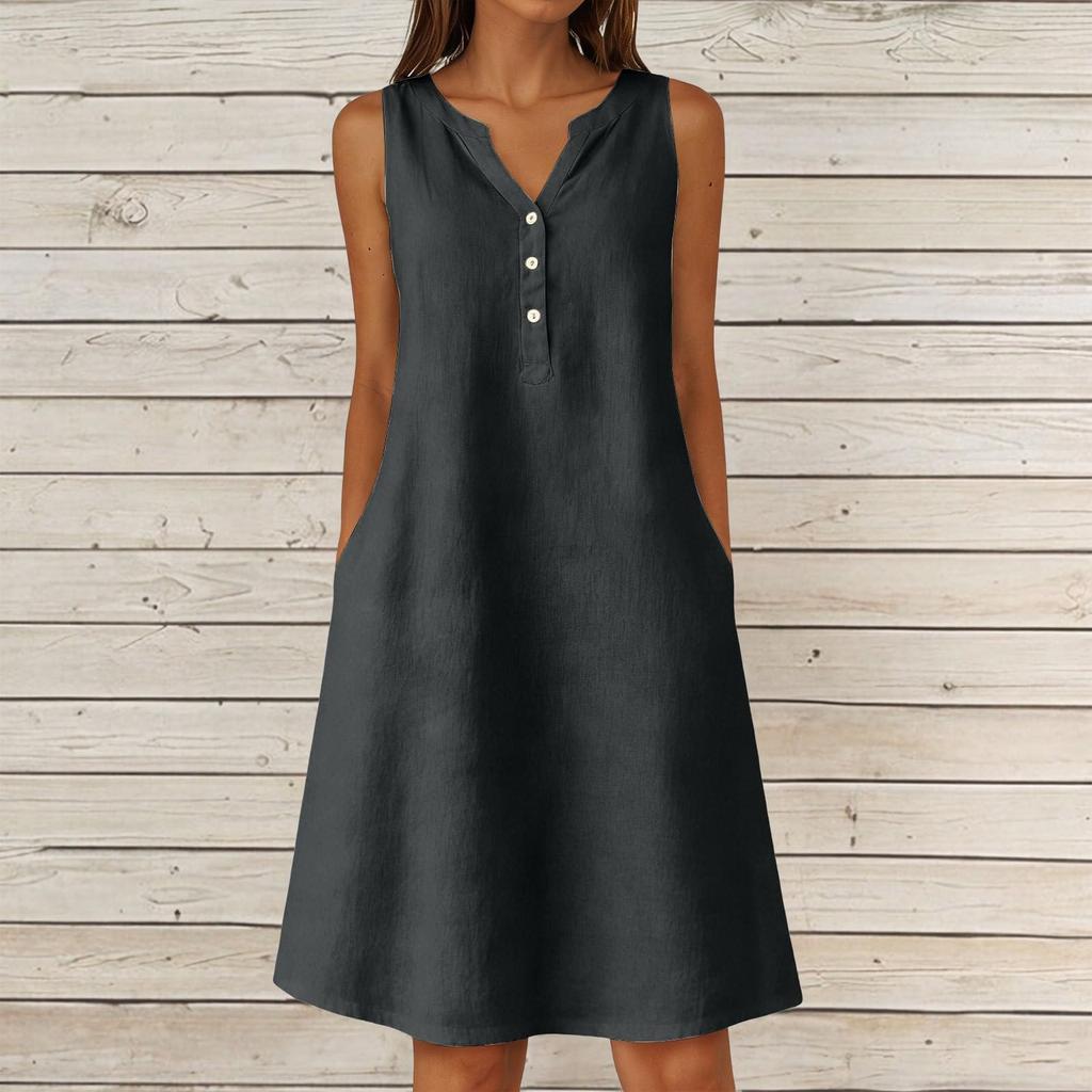 Women's Summer Casual V-neck Button Color Sleeveless Long Dress With Pockets