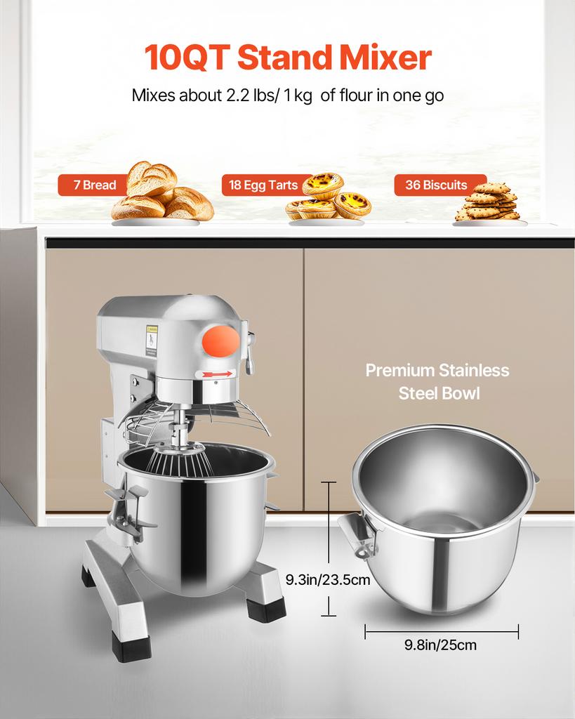 SucceBuy 10L Commercial Food Mixer 3 Speeds Adjustable 110/178/390 RPM Stainless Steel Bowl Dough Hooks Whisk Beater Premium