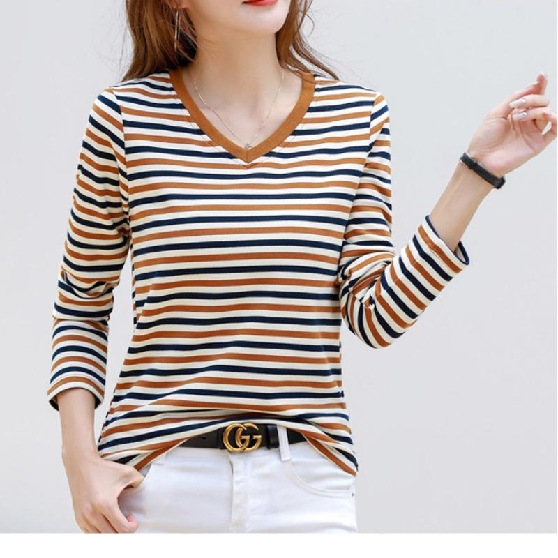 

Весна Осень Женский Пуловер V-образный вырез Однотонный Полосатый Длинный рукав Майка Слим Футболка Офисная Леди Элегантная Мода Повседневные Топы XXXL кофейный