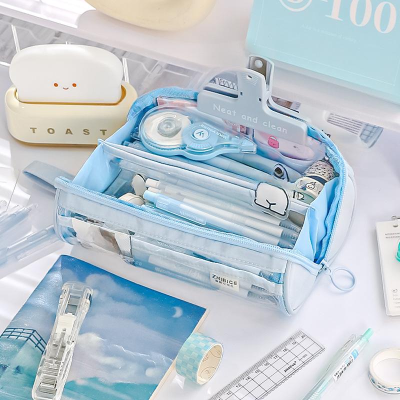 1 Pc Chic Large Capacity Pencil Case for Kids Solid Color Korean Fashion Pencil Pouch Transparent Simplicity Stationery Bag