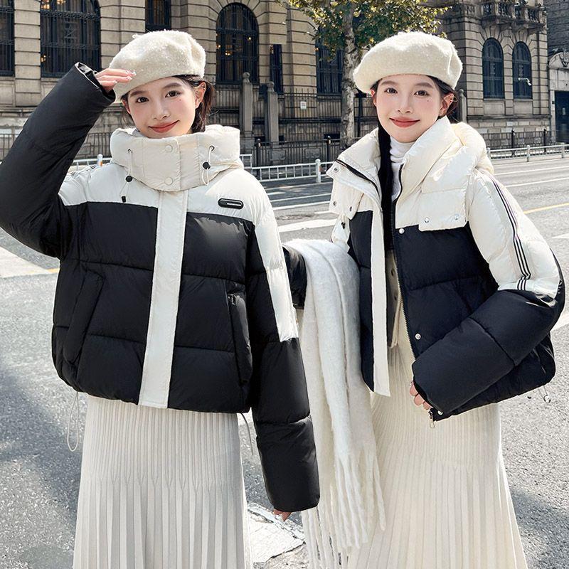 Fashion Color Block Short Cotton Coat Women Hooded Loose Winter Korean Jacket Thick Outwear