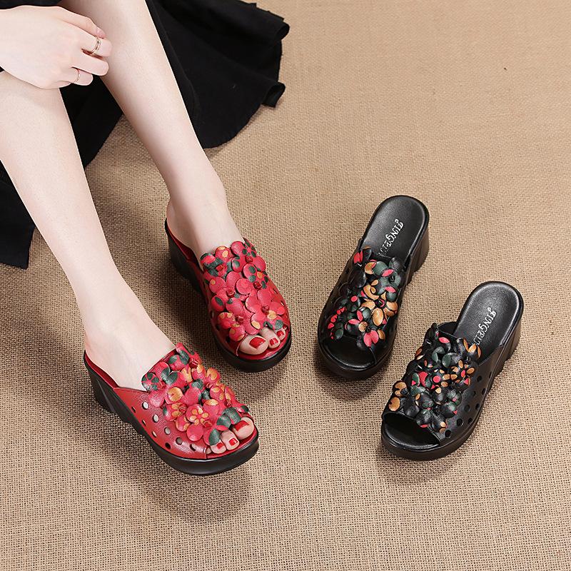 6cm Ethnic Style Slippers Women Wear Thick-soled Wedges and Fashionable Flowers In Summer, Comfortable High-heeled Sandals