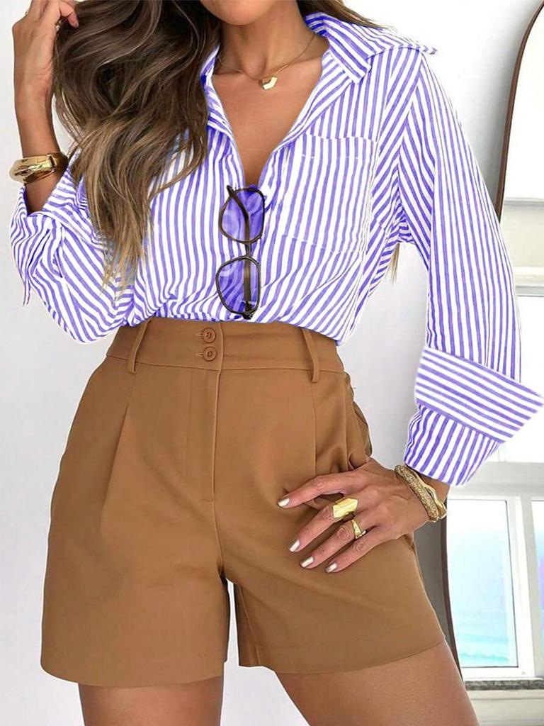Women's Long Sleeve Striped Button-Down Shirt with Pockets