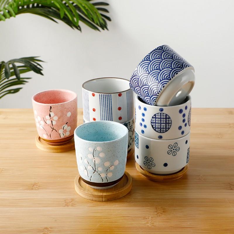 Vaso de cerâmica com bandeja de bambu estilo japonês suculenta planta vaso de flores bonsai plantador decoração de jardim cactos plantas plantadores
