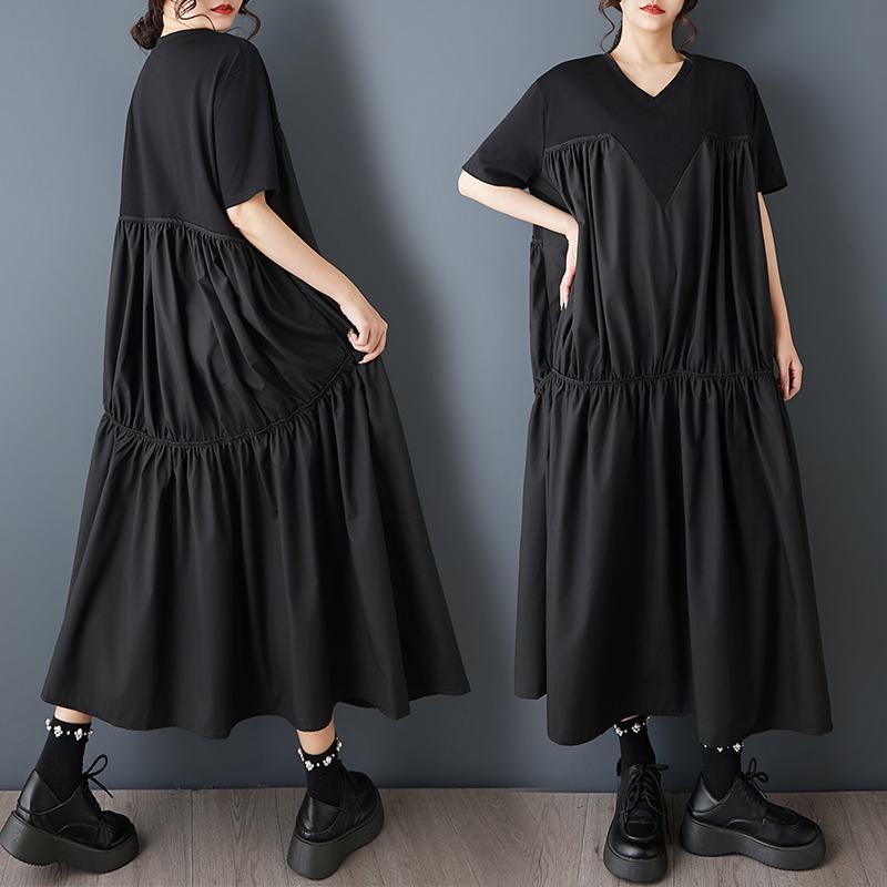 DIMANAF 2026 New Spring Summer  Plus Size Women Black Dress Fashion Lady Loose Casual Long Dress Solid Pleated Skirt