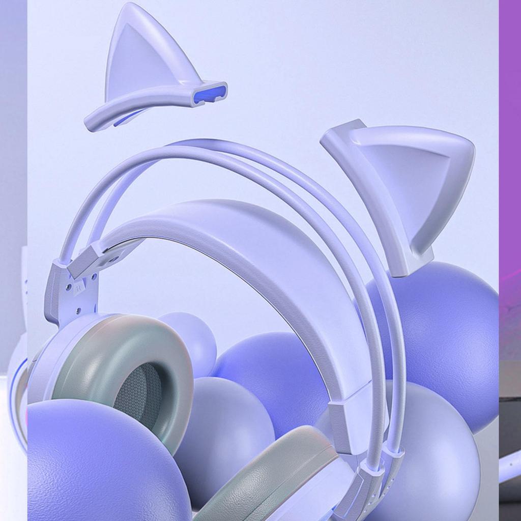 Cat Ear Headphones with Noise Reduction Detachable Ear Gaming Headset Microphone, Ears, All-Wrap Cups, Over-Ear (Purple)