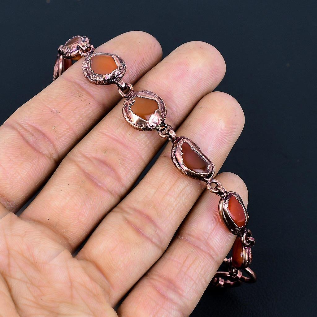 Carnelian Bracelet Handmade Jewelry, Copper Electroformed Bracelet Designer Gemstone Jewelry Adjustable Chain Bracelet Gift For Mom