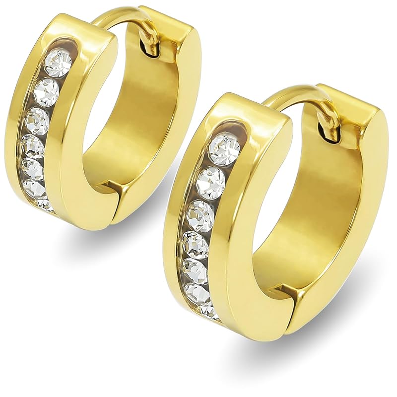 

[Adelina Style] hoop earrings Popularity Thick Width 4mm 7 grain cubic zirconia mirror surface 1 pair Leave it on 18G men s ladies ring earrings
