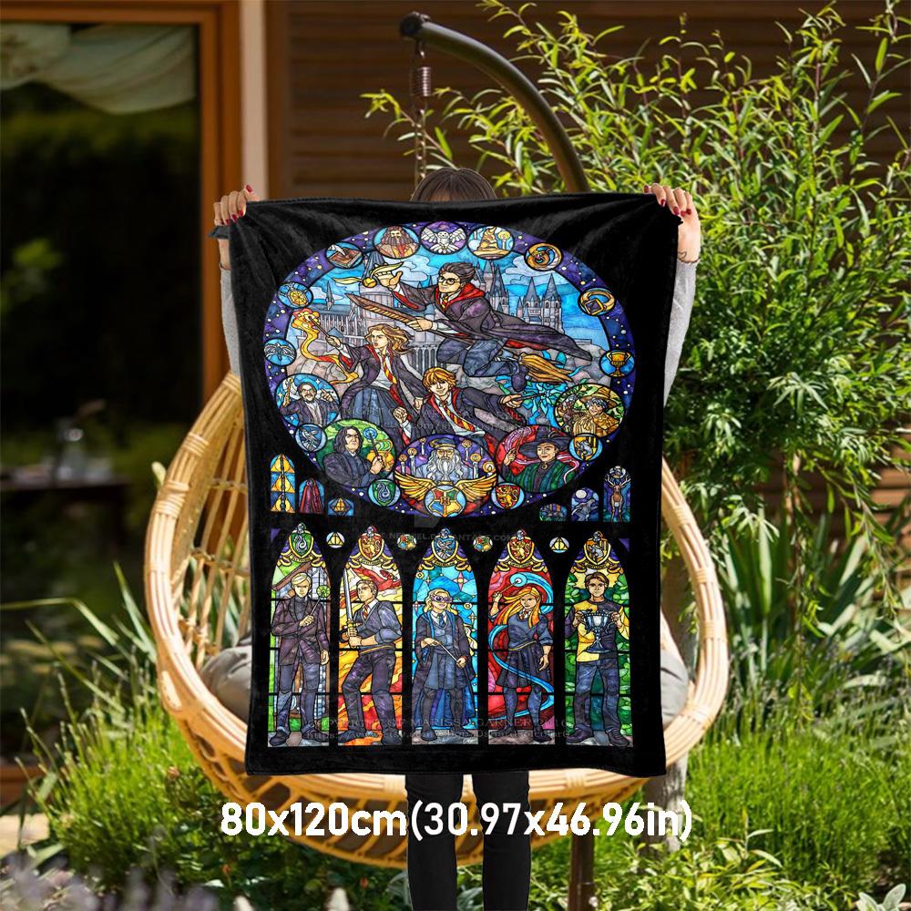 1pc Hogwarts Harry Potter Stained Glass Outdoor Flannel Throw Blanket All Season Soft Warmth,Home Decor 1031206