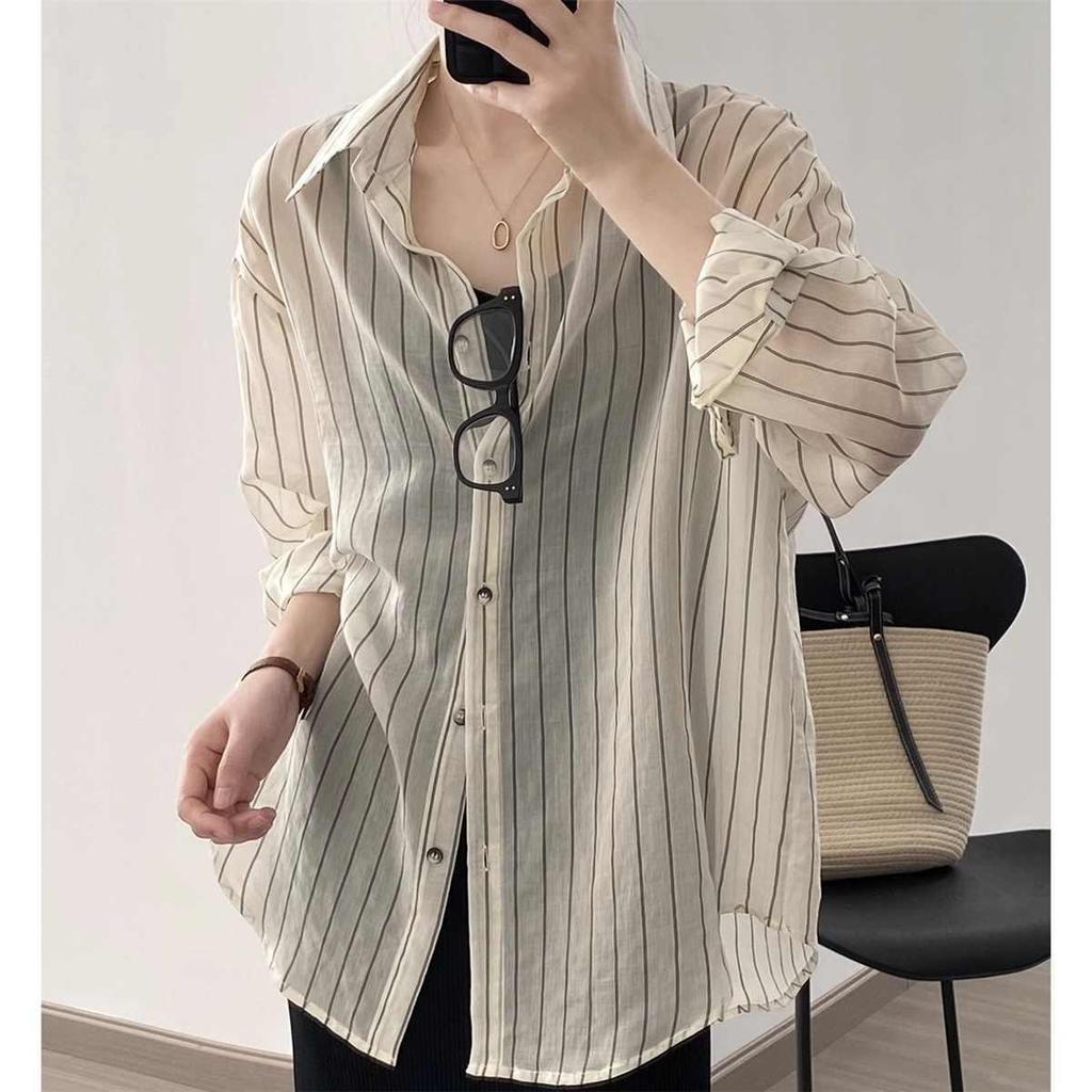 Large Size Ice Silk Striped Shirt for Women In Summer Thin Breathable Versatile Sunscreen Cardigan Jacket,Top