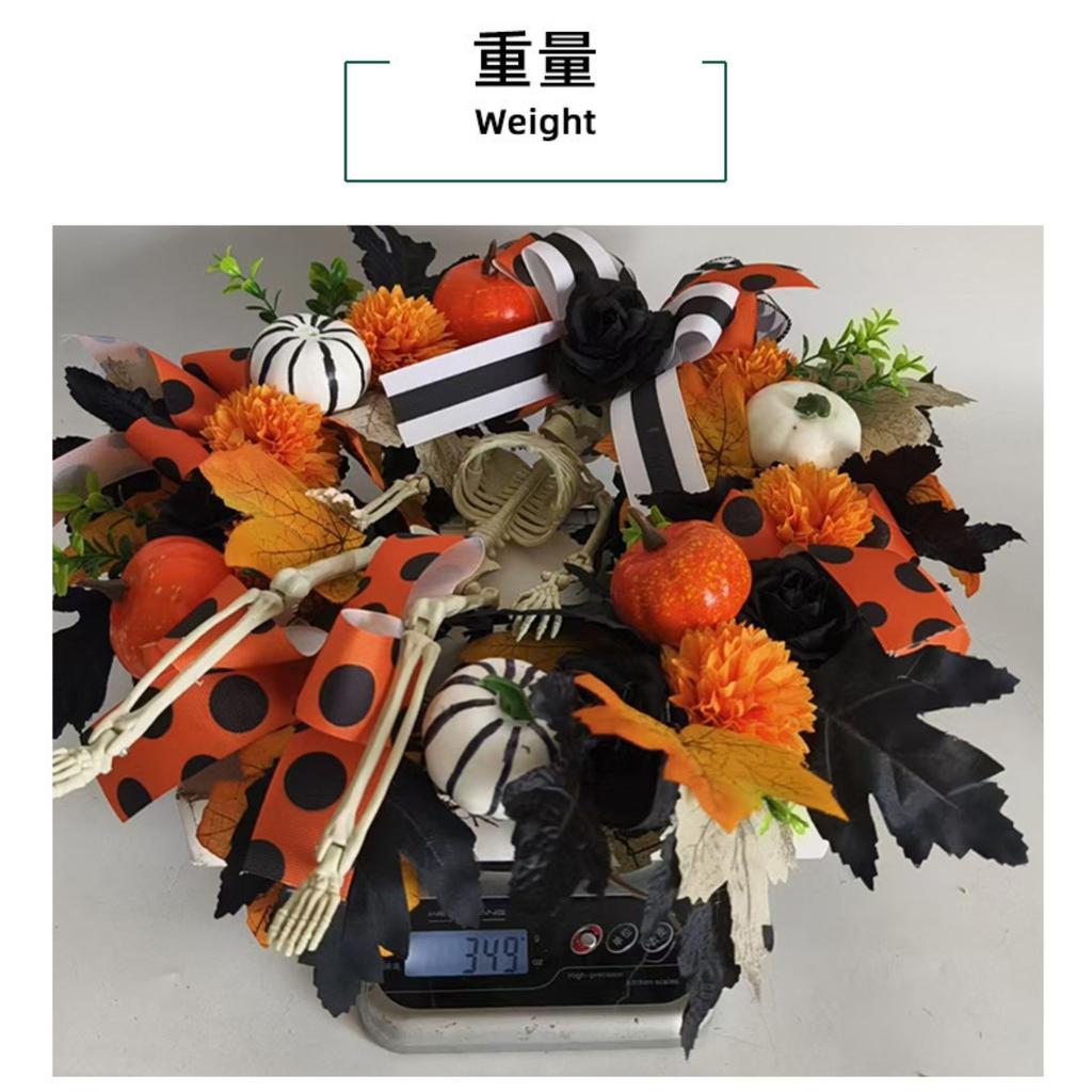 Halloween Wreath with Skeleton Pumpkin Maple Leaves and Twigs Artificial Floral Arrangement for Door Wall Decoration