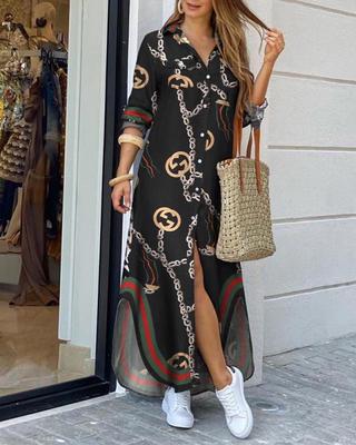 Damska sukienka maxi z nadrukiem z długim rękawem sukienka z kołnierzykiem z klapami Casual Side Splits długa sukienka Sundress Vestidos Plus rozmiar S-5XL