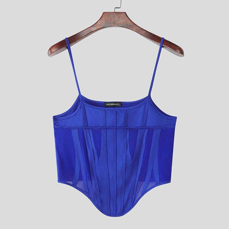 

INCERUN Men Summer Strap Sleeveless Patchwork Party Club Cropped Fitted Tank Tops 3XL синий