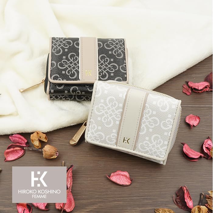 Hiroko Koshino Femme Wallet with Round Compact Black Women's Tri-fold Zipper, Monogram, Wallet,