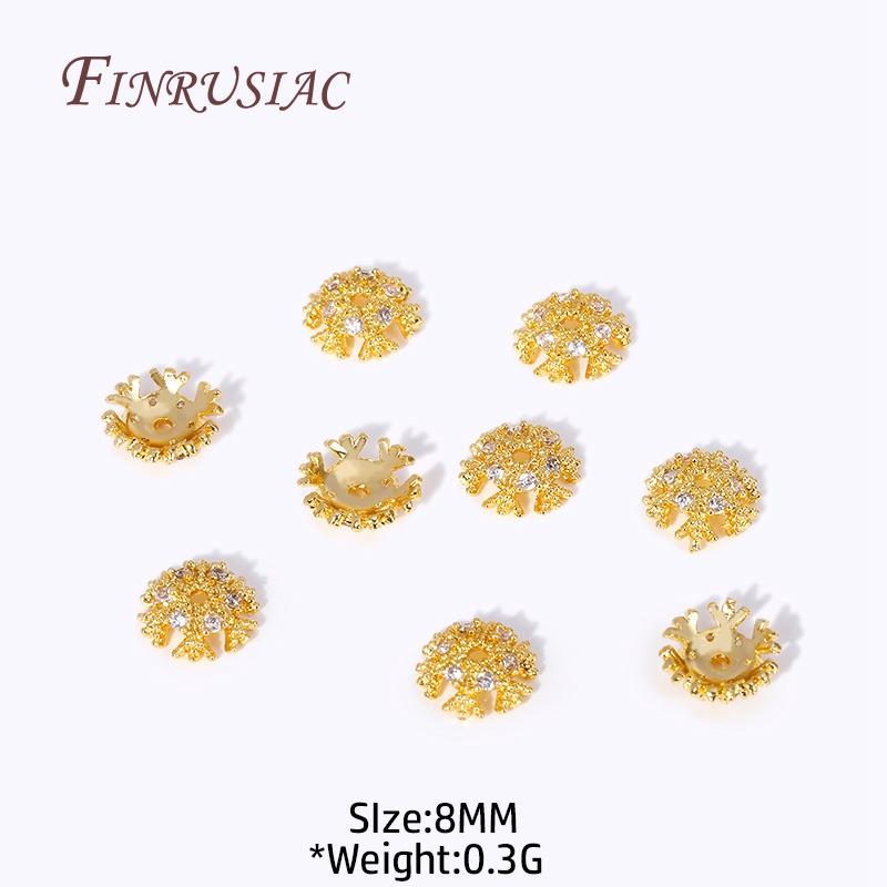 

8MM 18K Gold Plated Brass With Zircon Snowflake Beads Caps Flower Bead End Caps For DIY Beading Jewelry Making Supplies 5 Pieces