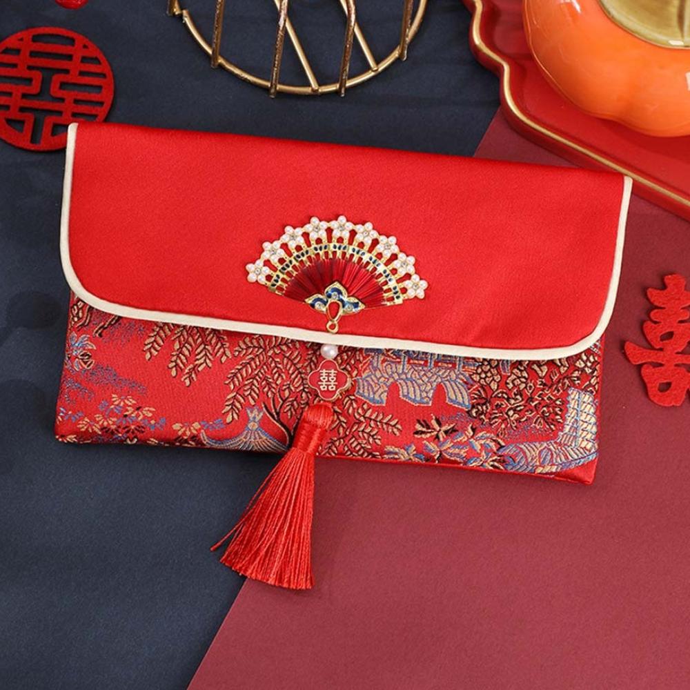 New Year Blessing Words 2025 Money Pocket Brocade Cloth Tassel New Year Money Bag Chinese Wedding