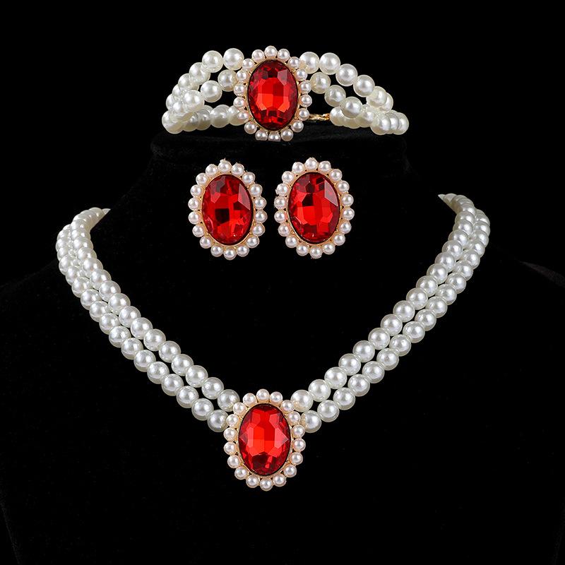 Multi-layer neck chain, double-layer imitation pearl oval crystal necklace, stud earrings, bracelet, three-piece set.
