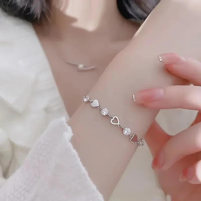Luxury  Sterling Silver Heart Zircon Bracelet for Women Korean  Sweet Cool Hollow Heart Bracelets Party Jewelry Gifts
