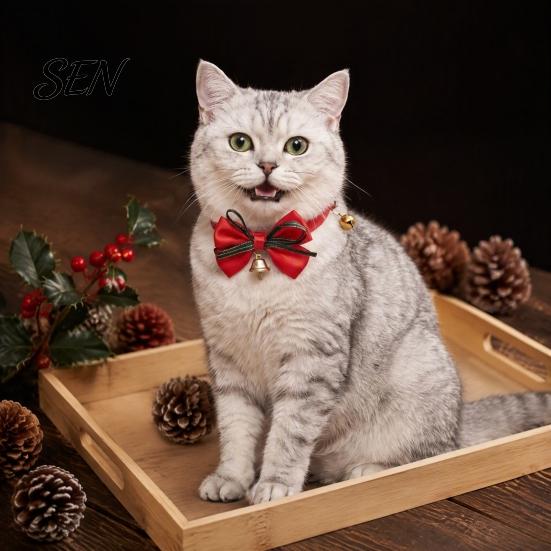 Christmas Pet Accessories Bow Collar, Adjustable Cat Collar with And Bell, Safety Buckle Plaid Print for Cats, Small Dogs, Holiday Wear Bell