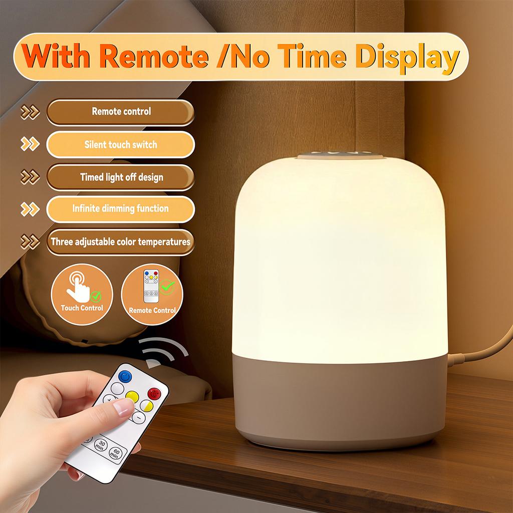 Touch Control LED Night Light with Clock Timer Remote Control USB Bedside Lamp Dimmable 3 Color Temperature Bedroom Sleep Lamp