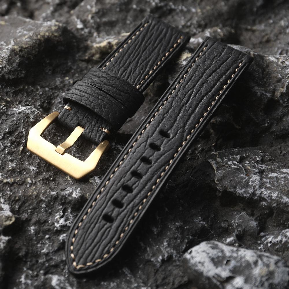 Classic Sharkskin Genuine Leather Watch Band 20 22 24MM Bronze Watch Accessories Buckle, High-end Genuine Leather Bracelet, Pure Bronze